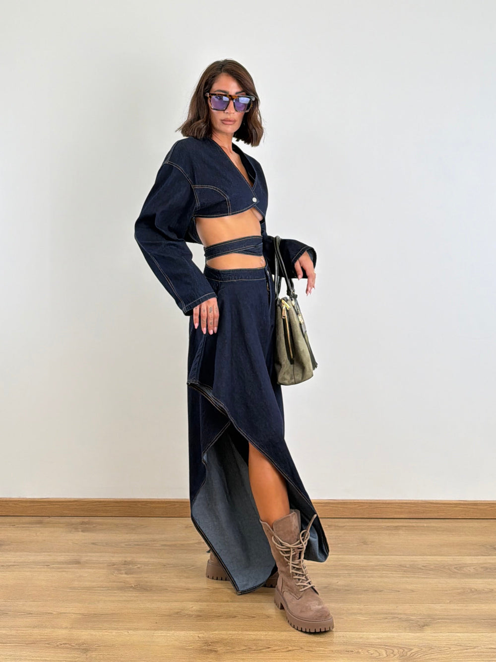 Coordinato Denim Crop Top Incrociato Pantalone con Spacchi 15199