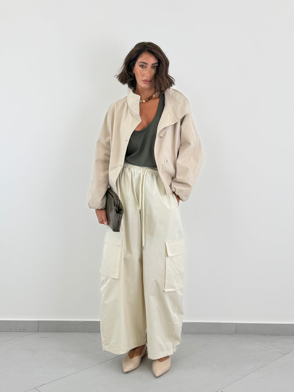 Pantaloni Parachute panna 02706