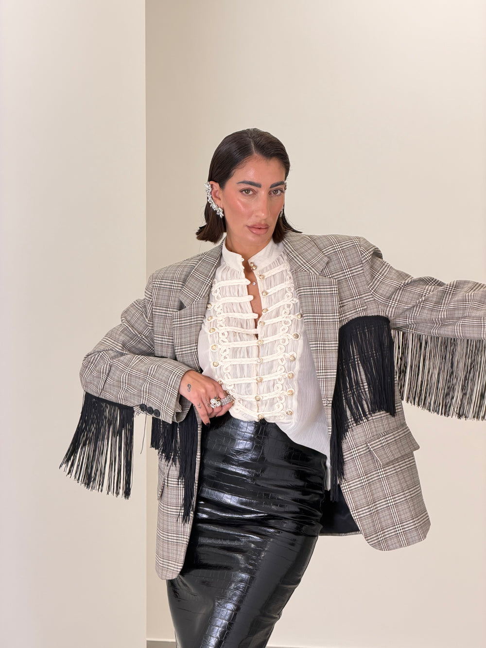 Blazer Lumina scozzese grigia frange 5936