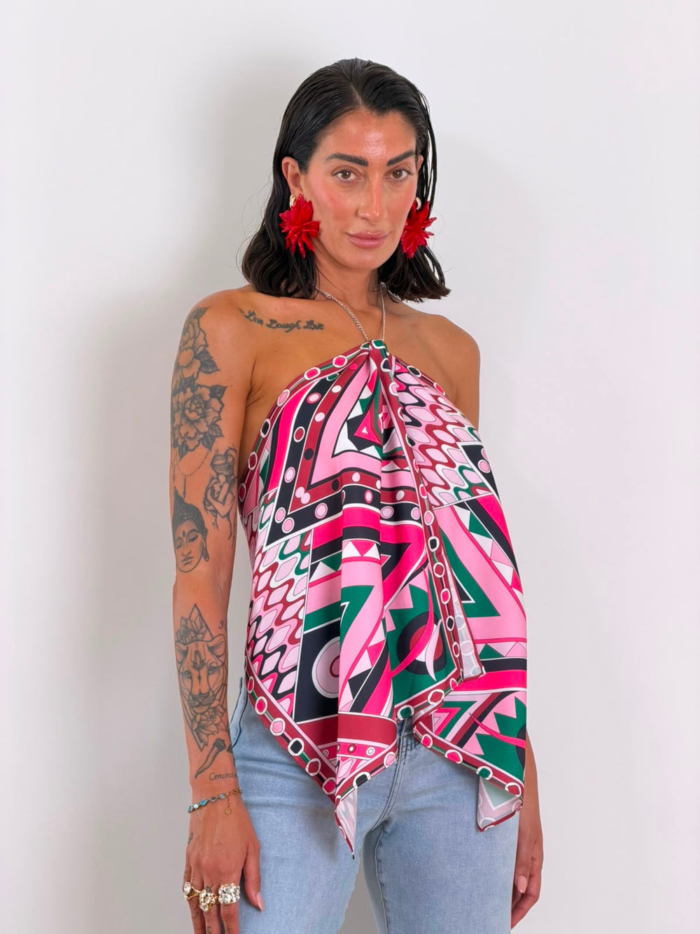 Top Foulard geometric bordo rosa H16170