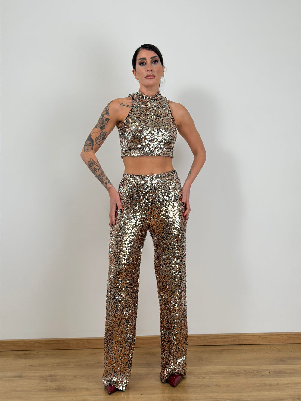 Panta palazzo paillettes oro/argento 6025