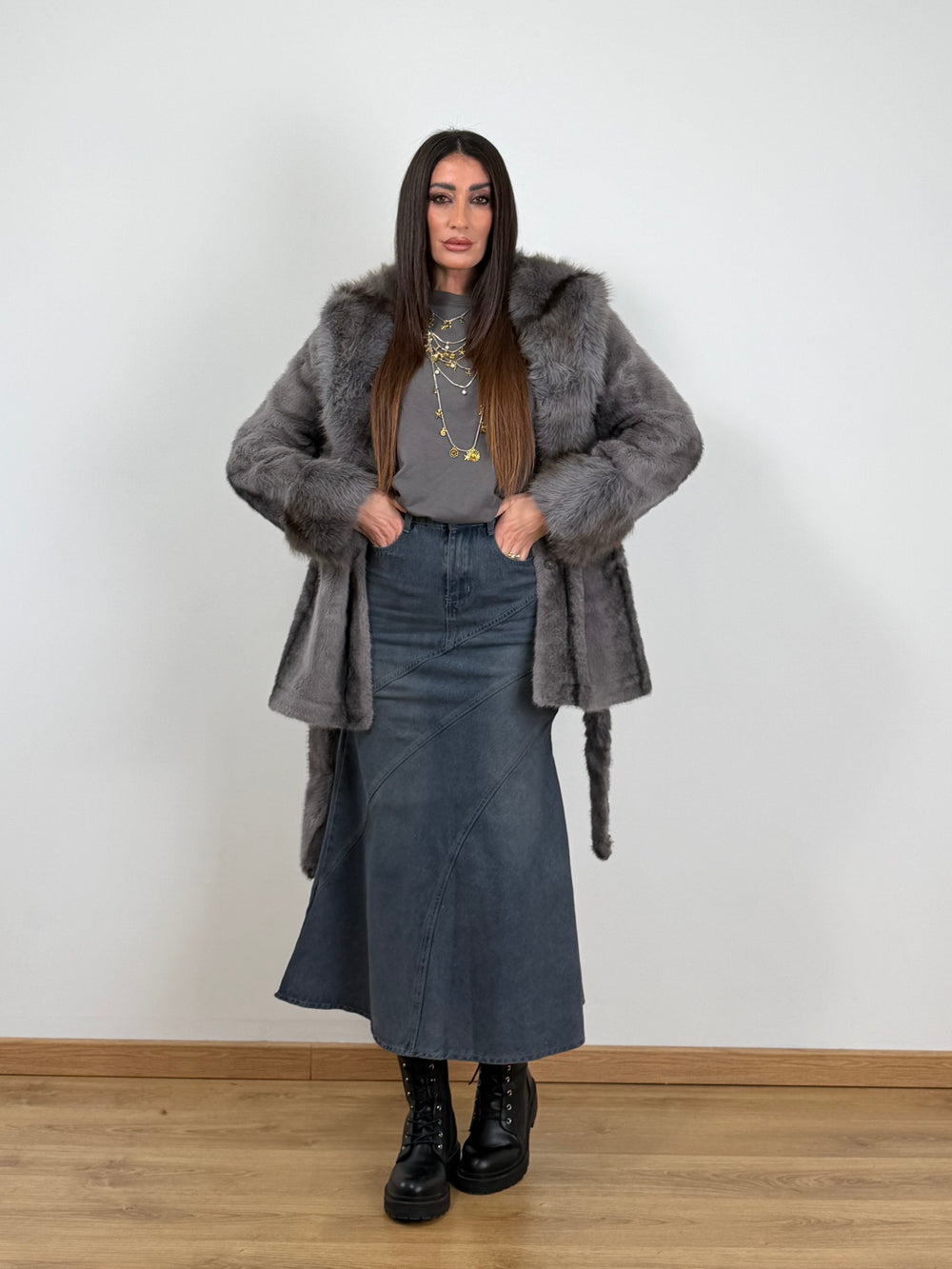 Gonna grigia denim lunga 8875
