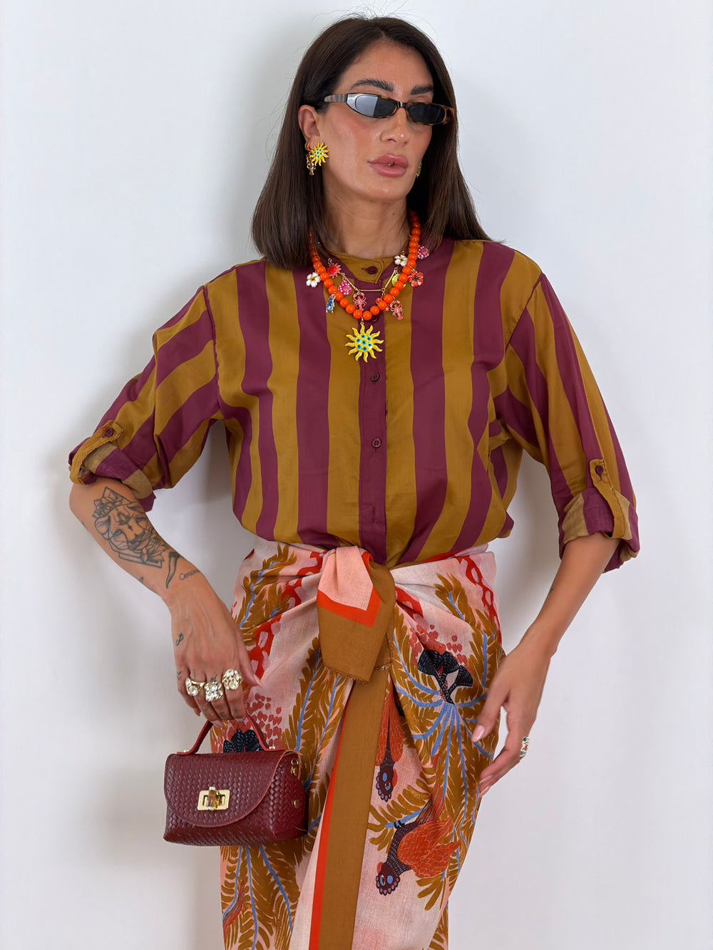 Camicia Righe senape e bordò 7902