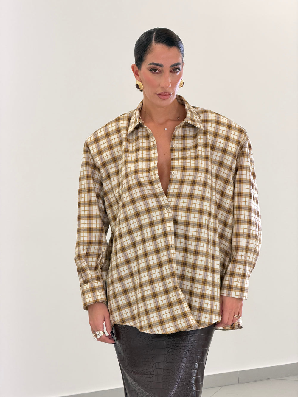 Camicia Over Quadri Panna 02704C