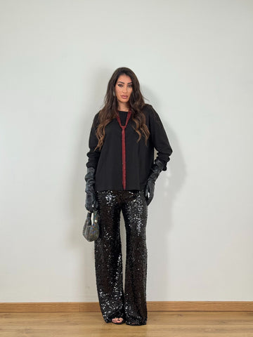 Pantaloni paillettes nero palazzo 6025