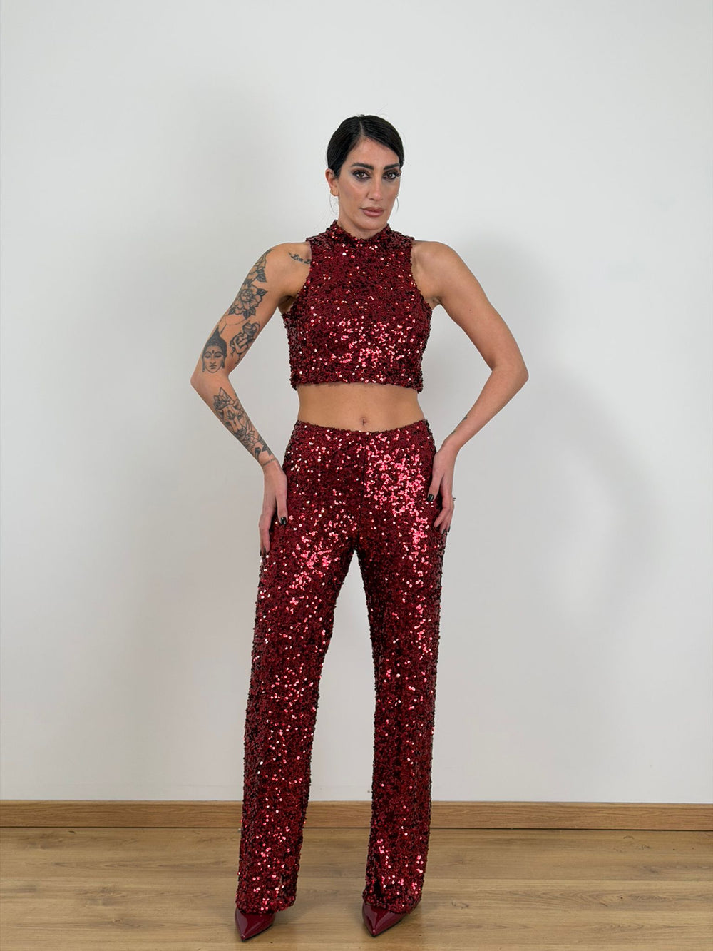 Panta palazzo Rosso paillettes 6025