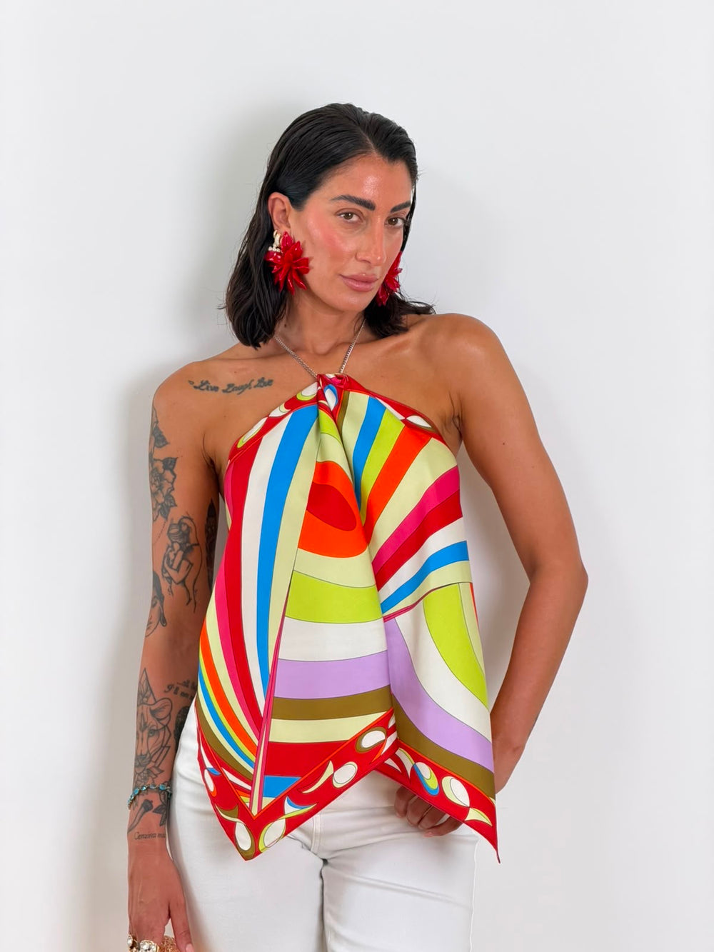 Top Foulard geometric rosso azzurro giallo H16170